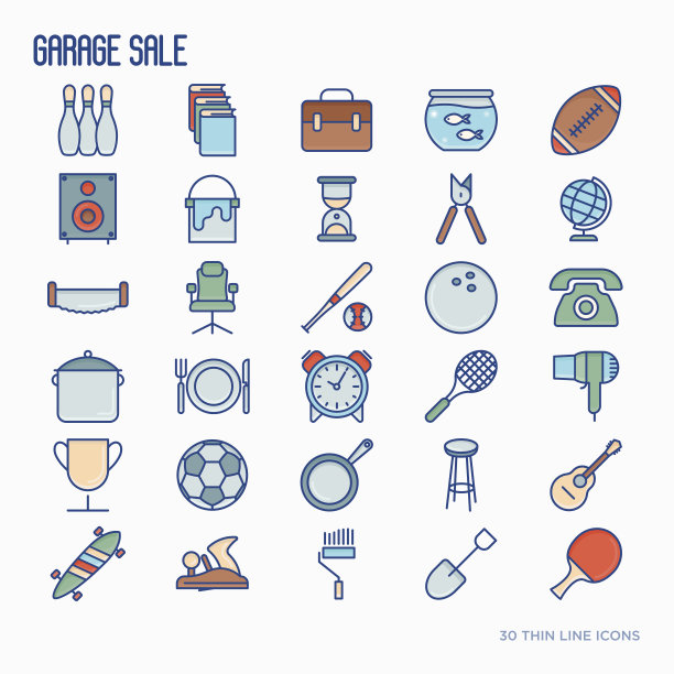 车库出售或跳蚤市场细线图标集。矢量插图的旗帜，网页，印刷媒体。图片下载