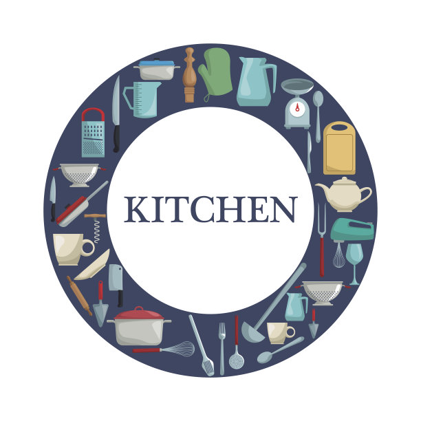 白色背景与颜色环形边框与不同的元素厨房内部图片下载