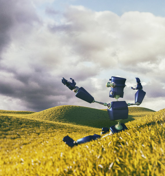 快乐的机器人在草地上休息图片下载