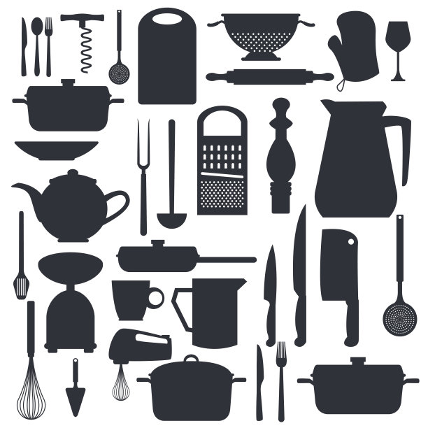 白色背景与单色剪影不同的厨房元素图片下载