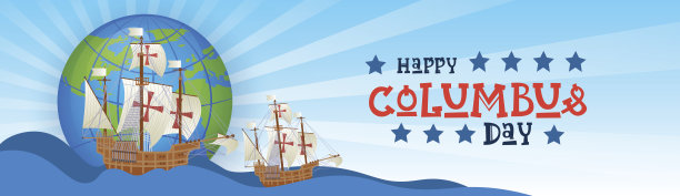 哥伦布日快乐美国国家假日贺卡与船在海洋图片下载