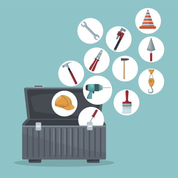 颜色背景与工具箱打开和工具浮动在圆形框架图标素材图片