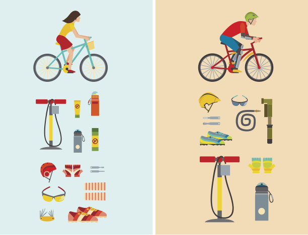 积极休闲交通工具配件，自行车运动装备，生活方式，自行车平面矢量自行车装备插图图片下载