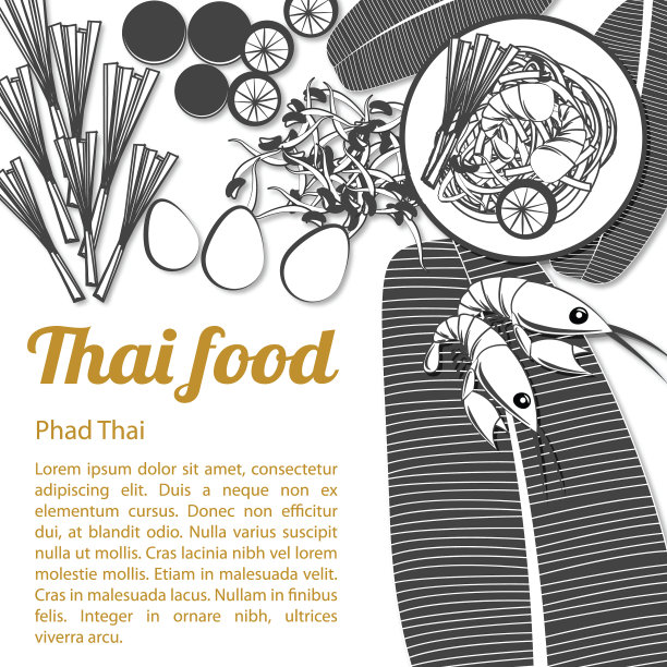 泰式美味名菜炸面条配鲜虾泰式炒粉以孤立的白色背景和配料，黑白灰鳞风格图片下载