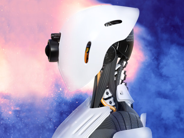 一个女性机器人头部的3D渲染与空间背景。图片下载