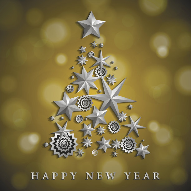 圣诞节和新年抽象与圣诞树制成的星星和雪花在黄色环境模糊的背景。矢量图图片下载