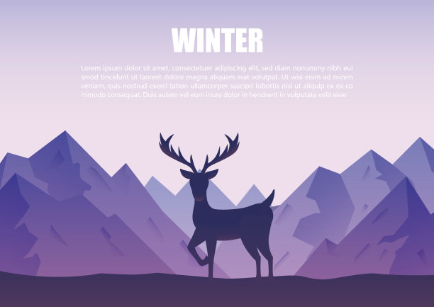 冬季的山脉景观与驯鹿的剪影站在一个小山上。图片下载