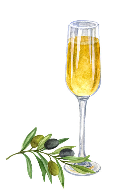 一杯加橄榄枝的白葡萄酒图片下载