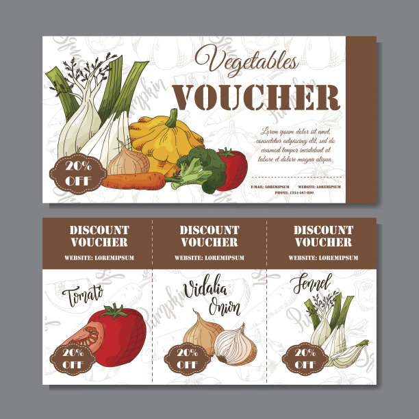 为您的业务提供咖啡折扣券。以食物元素为背景的现代风格。模板载体与蔬菜为农民图片下载