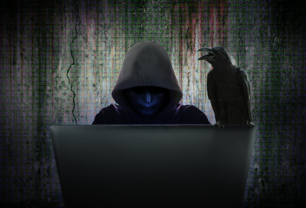 计算机网络犯罪分子戴着黑色面具和头罩入侵数据，以渗透和攻击公司的安全系统与乌鸦挂在电脑上图片下载
