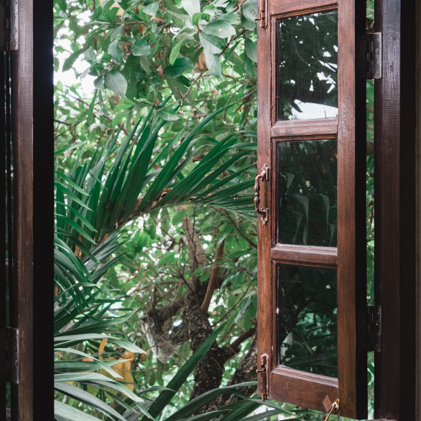 泰国，木窗开着，可以看到树图片下载