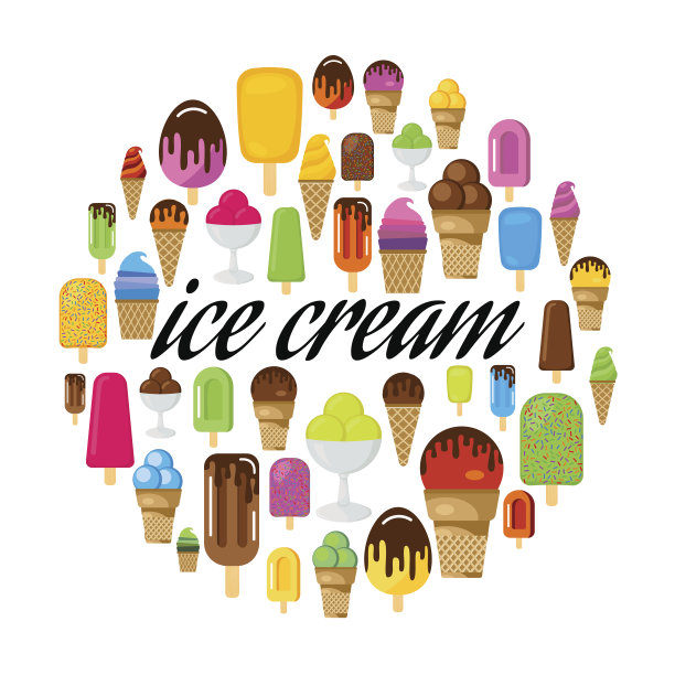 一套彩色的冰淇淋圈。黑色题字冰淇淋在中心。图片下载