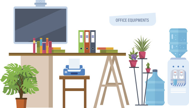 办公室设备。工作场所，工作空间与桌面，显示器，家具在室内图片下载