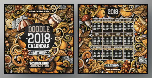 卡通涂鸦秋季2018年日历模板。英语,周日开始图片下载