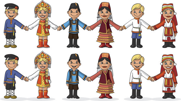 穿着民族服装的孩子们手牵着手图片下载