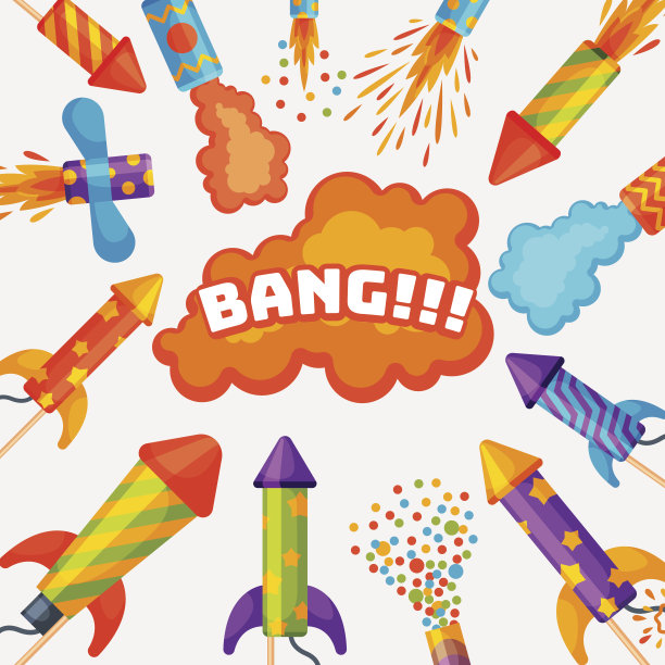 烟花烟花火箭和飘舞者生日派对礼物庆祝矢量插图节日工具图片下载