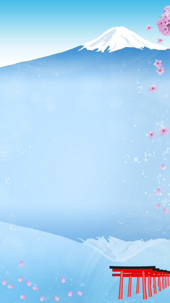 日本风景富士山的表面和樱花，红鸟居的神社背景(16:9长宽比)图片下载