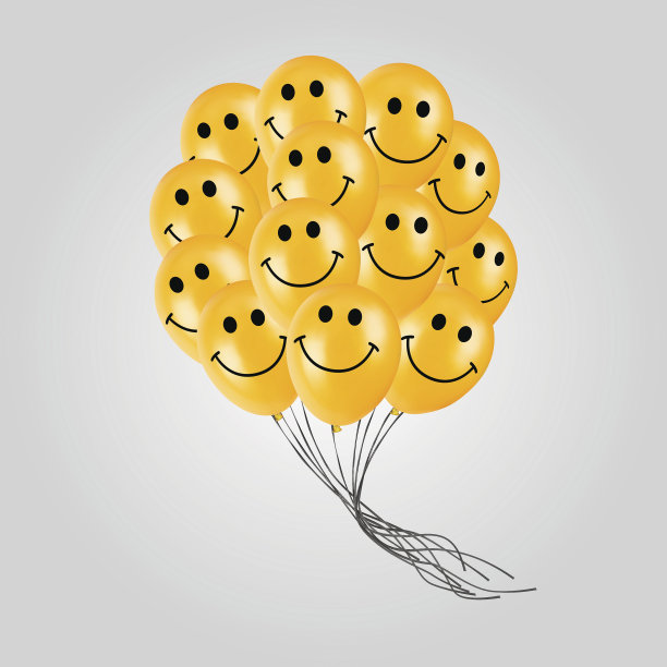 逼真的黄色气球与笑脸卡通的脸飞为聚会或庆祝。孤立在光背景上。图片下载