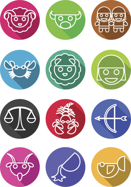 可爱的平面圆，明亮的颜色十二生肖白色笔画图标符号在平面设计图片下载
