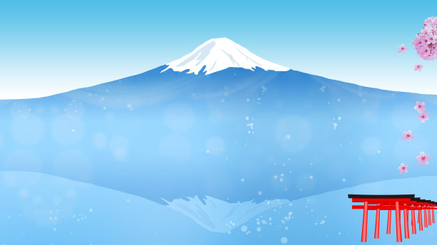 日本风景富士山的表面和樱花，红鸟居的神社背景(16:9长宽比)图片下载