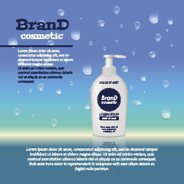 3D逼真的化妆品瓶广告模板。化妆品品牌广告概念设计，以水泡和水滴为背景图片下载