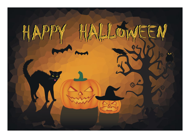 万圣节卡片上愤怒的黑猫和两个南瓜在暗橘色的背景上，横着图片下载