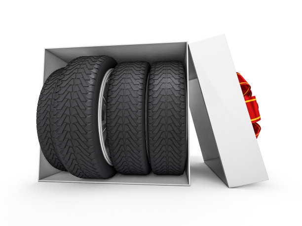 有轮胎和轮子的礼盒。三维渲染图片下载