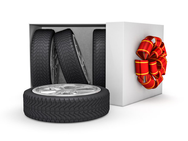 有轮胎和轮子的礼盒。三维渲染图片下载