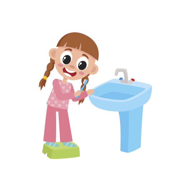 矢量扁女孩在洗脸盆刷牙图片下载