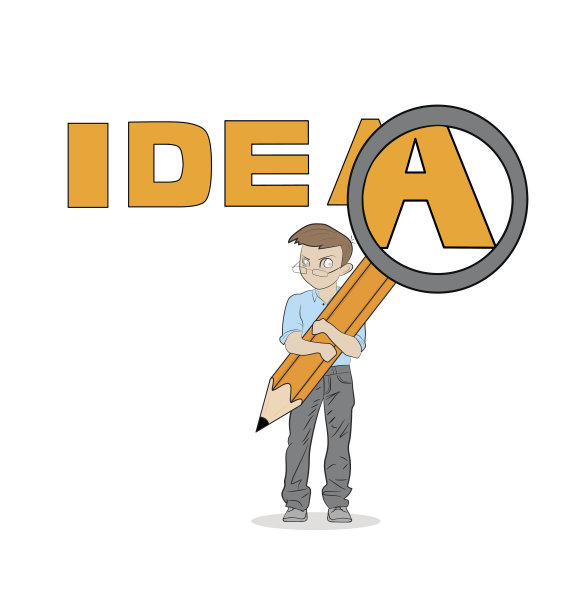小个子男人拿着放大镜。考虑一个主意。矢量插图。图片下载