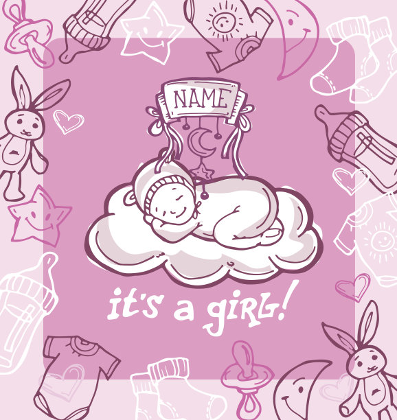 涂鸦风格婴儿送礼会设计矢量插画，手绘婴儿套装。女孩主题图片下载