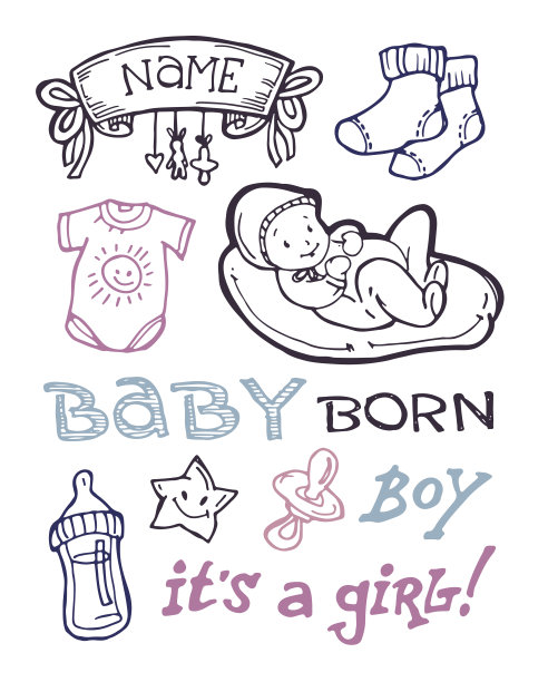 涂鸦风格婴儿送礼会设计矢量插画，手绘婴儿套装。女孩主题图片下载