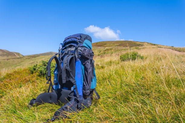 蓝色的旅游背包在绿色的群山之间图片下载