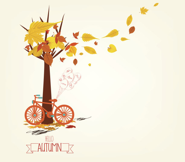 你好,秋天。手绘着色自行车与秋天的树叶图片下载