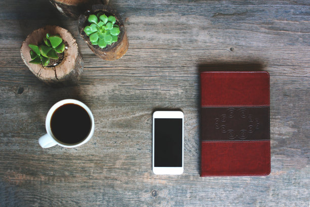 多肉植物在木罐，咖啡杯，皮革笔记本和电话边界在乡村背景，水平素材图片