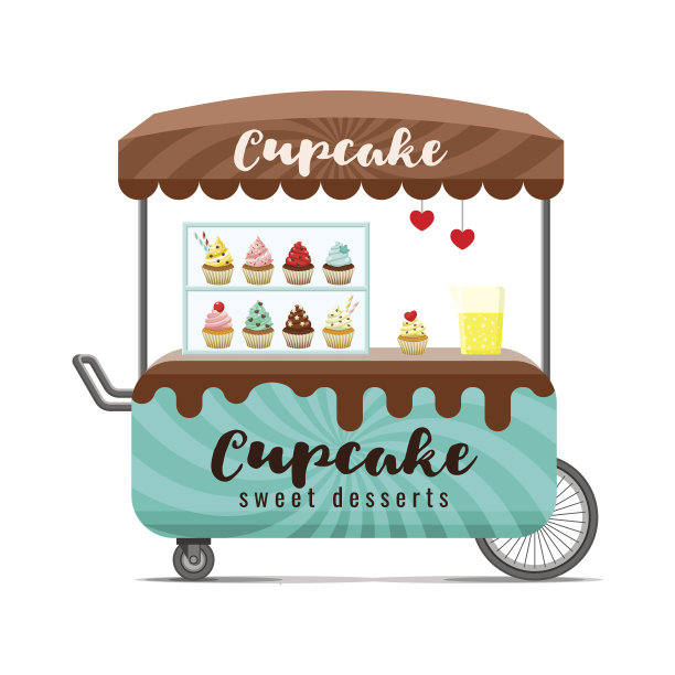 纸杯蛋糕摊。色彩斑斓的矢量图图片下载