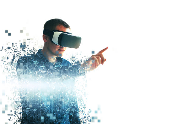 戴着虚拟眼镜的人会飞向像素。戴着虚拟现实眼镜的人。未来科技的概念。现代的成像技术。支离破碎的像素。素材图片