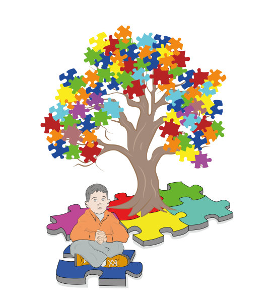 孩子坐在树下。自闭症意识色彩背景拼图，3D渲染图片下载
