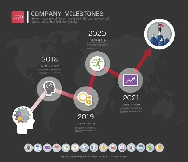 里程碑时间轴信息图设计，路线图或战略计划，以定义公司的价值，可以使用里程碑在项目管理中的时间表，以标记在项目时间轴上的特定点图片下载