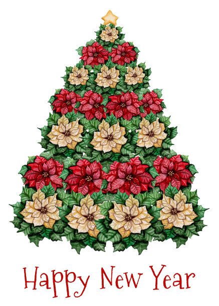 圣诞树水彩冬青花贺卡素材图片