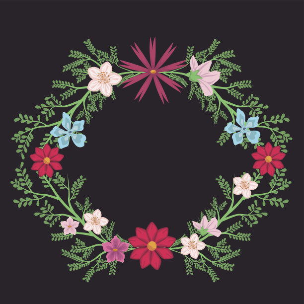 黑色背景与装饰六边形边框与彩色的花和叶图片下载