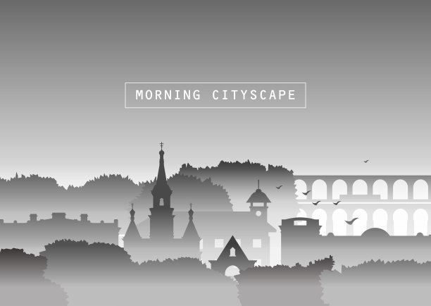 雾中教堂、老房子、树和桥的剪影。图片下载