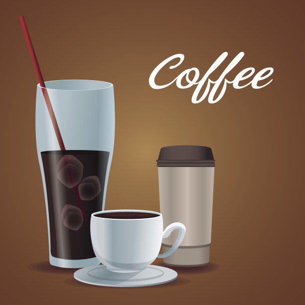 彩色海报玻璃杯冰咖啡与瓷杯和一次性饮料图片下载