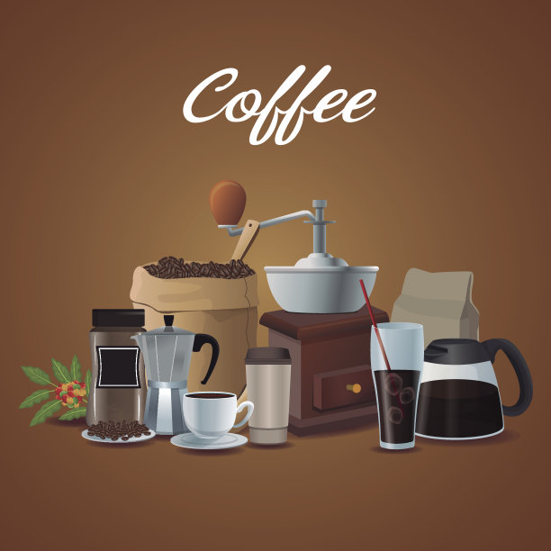 彩色海报的设置元素咖啡准备和容器包装图片下载