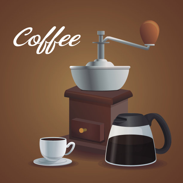 彩色海报配曲柄研磨，玻璃罐配瓷杯碟配咖啡饮料图片下载