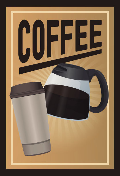 线性发光的彩色海报咖啡和带把手的玻璃咖啡罐，一次性热饮图片下载