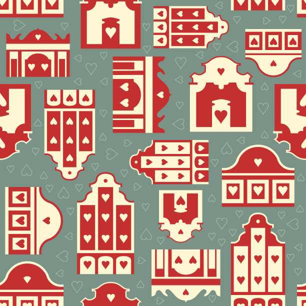 2月14日情人节的荷兰红白房子无缝矢量图案。图片下载