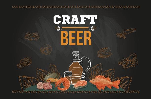 啤酒菜单模板在草图手绘风格在黑板上包括瓶子，玻璃杯，啤酒，品脱，啤酒花，鱼，虾，海鲜，为海报或横幅图片下载