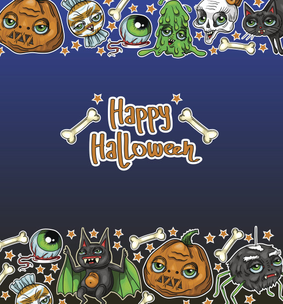 万圣节快乐信息设计背景与南瓜，骷髅，蜘蛛，粘液，猫，蝙蝠，骨头图片下载