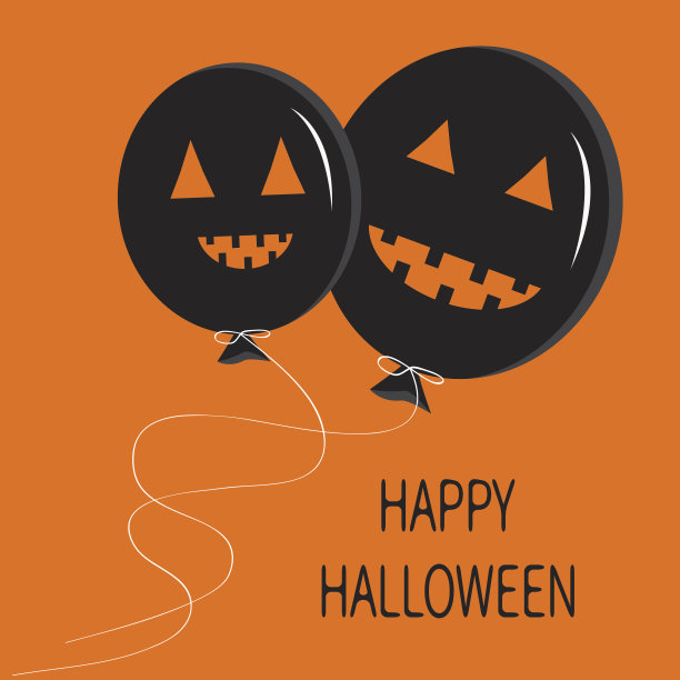 两个可爱的卡通搞笑的黑色气球南瓜，可怕的微笑，眼睛和牙齿。线程的弓。给孩子们的万圣节卡片。平面设计。橙色背景。图片下载